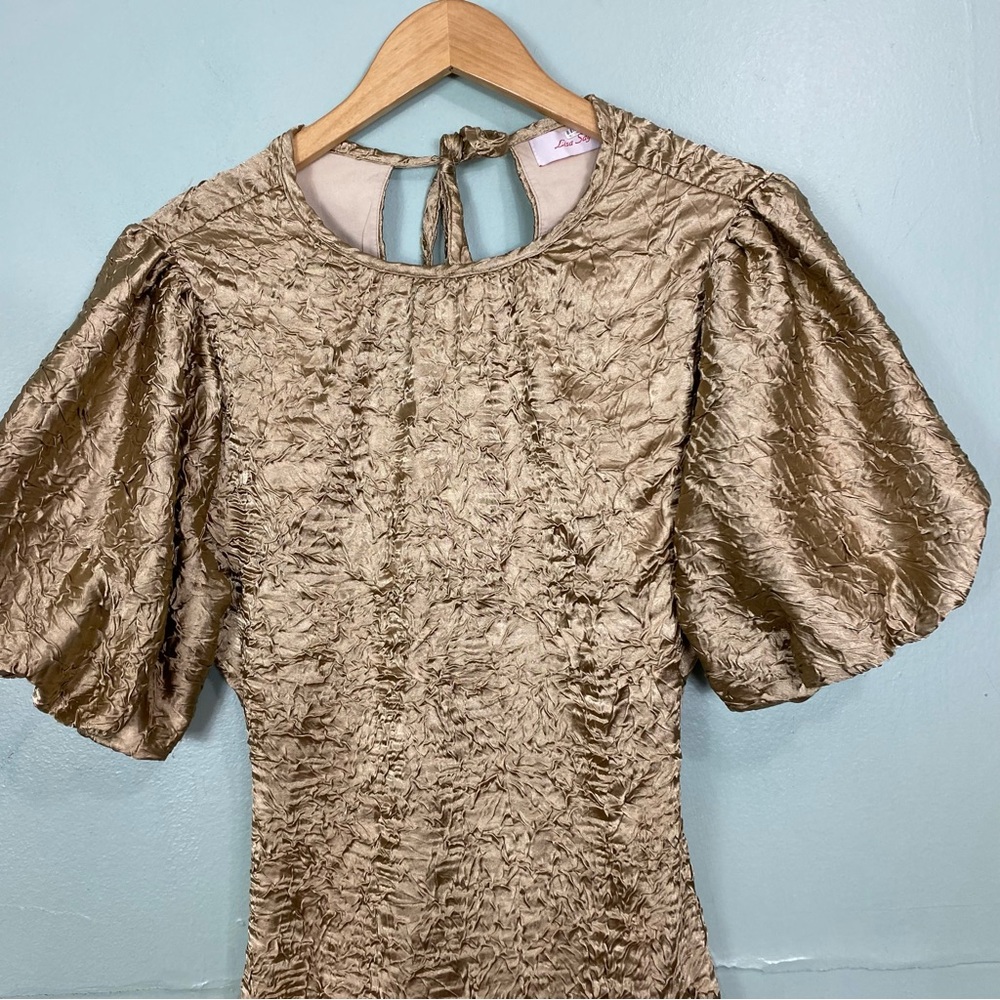 Lisa Says Gah‎ Gwen Metallic Champagne Color Dress Midi Cut Out Open Back Large - Picture 4 of 12